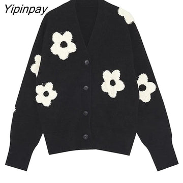 Yipinpay 2023 Winter New In Vintage Floral EmbroideryLoose Women Knit Cardigan Korea Style Button Up Ladies Sweater Coat Clothing
